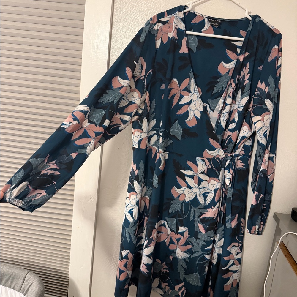 City Chic Teal Floral Long Sleeve Wrap Dress